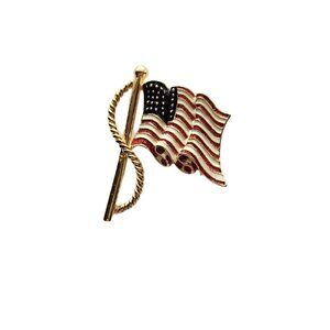 Patriotic Red White and Blue Flag Brooch with Gold Rope - Gold Tone Flag Brooch